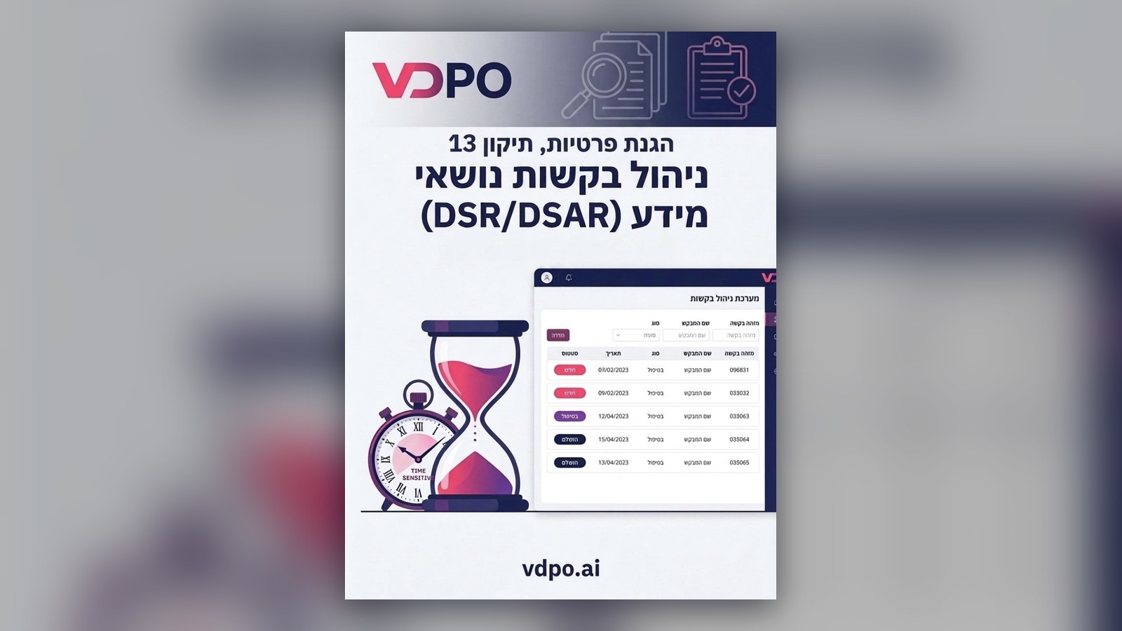 ניהול בקשות נושאי מידע DSR/DSAR בפלטפורמת VDPO